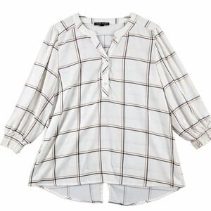 Como Black Womens Large Plaid Blouse Lightweight 3/4 Sleeve V Neck Top